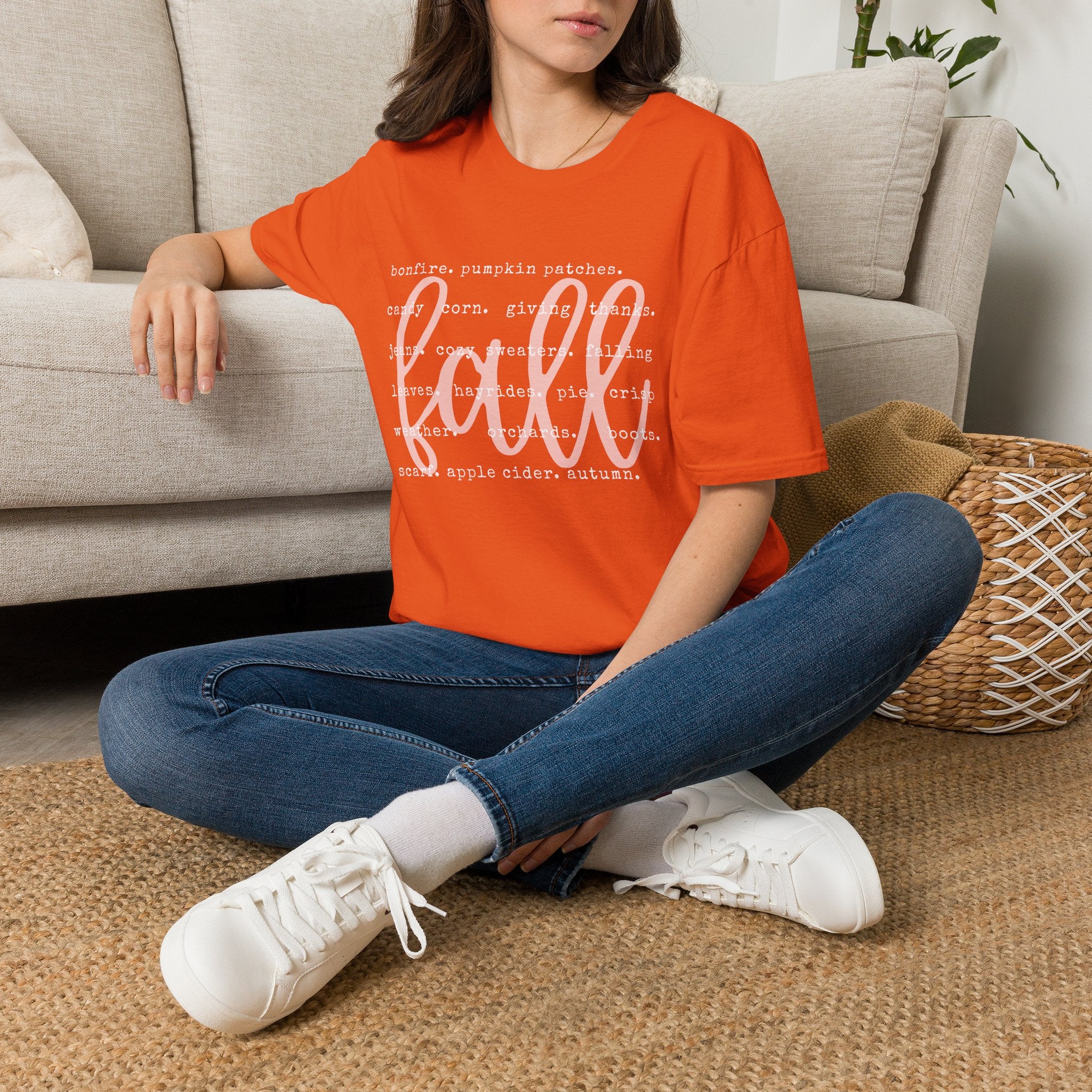 Fall Graphic T‑Shirt – Orange "fall" Script with Autumn Word Cloud
