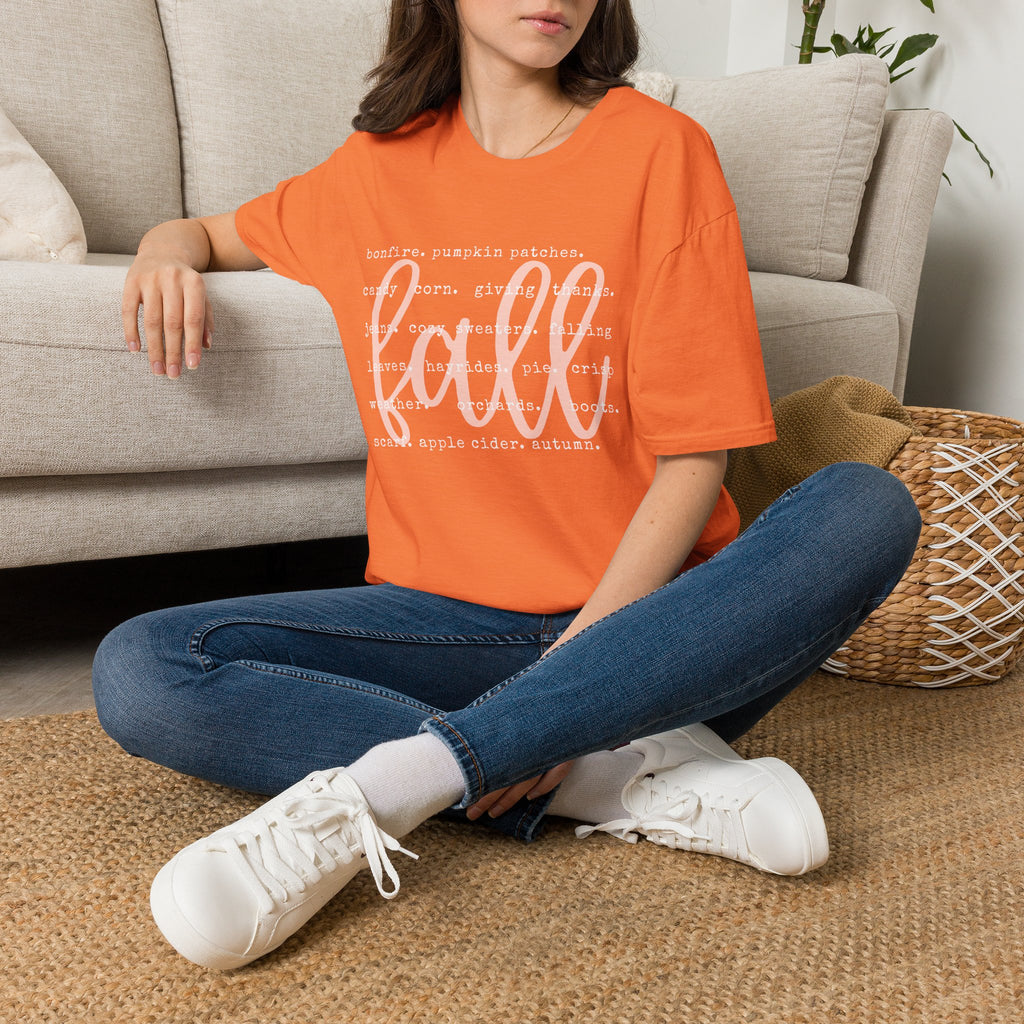 Fall Graphic T‑Shirt – Orange "fall" Script with Autumn Word Cloud
