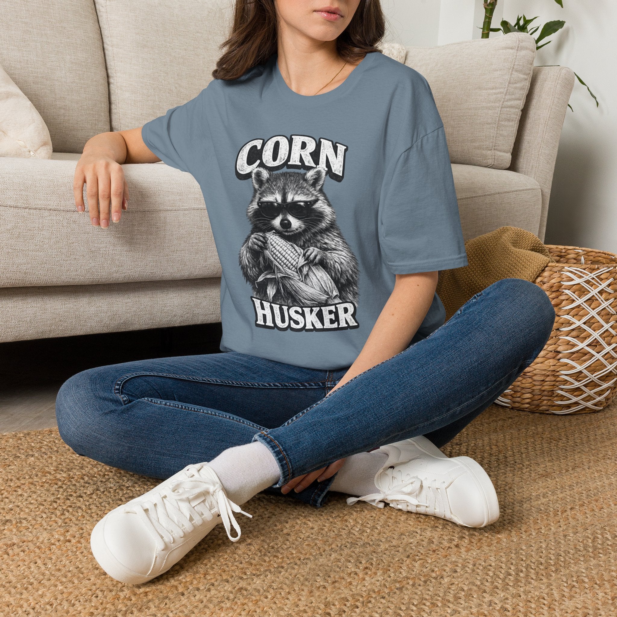 Corn Husker Raccoon T-Shirt | Vintage Mascot Graphic