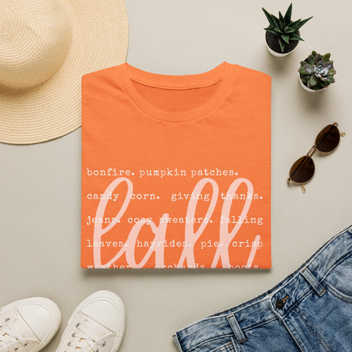 Fall Graphic T‑Shirt – Orange "fall" Script with Autumn Word Cloud