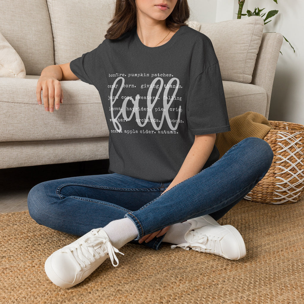 Fall Graphic T‑Shirt – Orange "fall" Script with Autumn Word Cloud