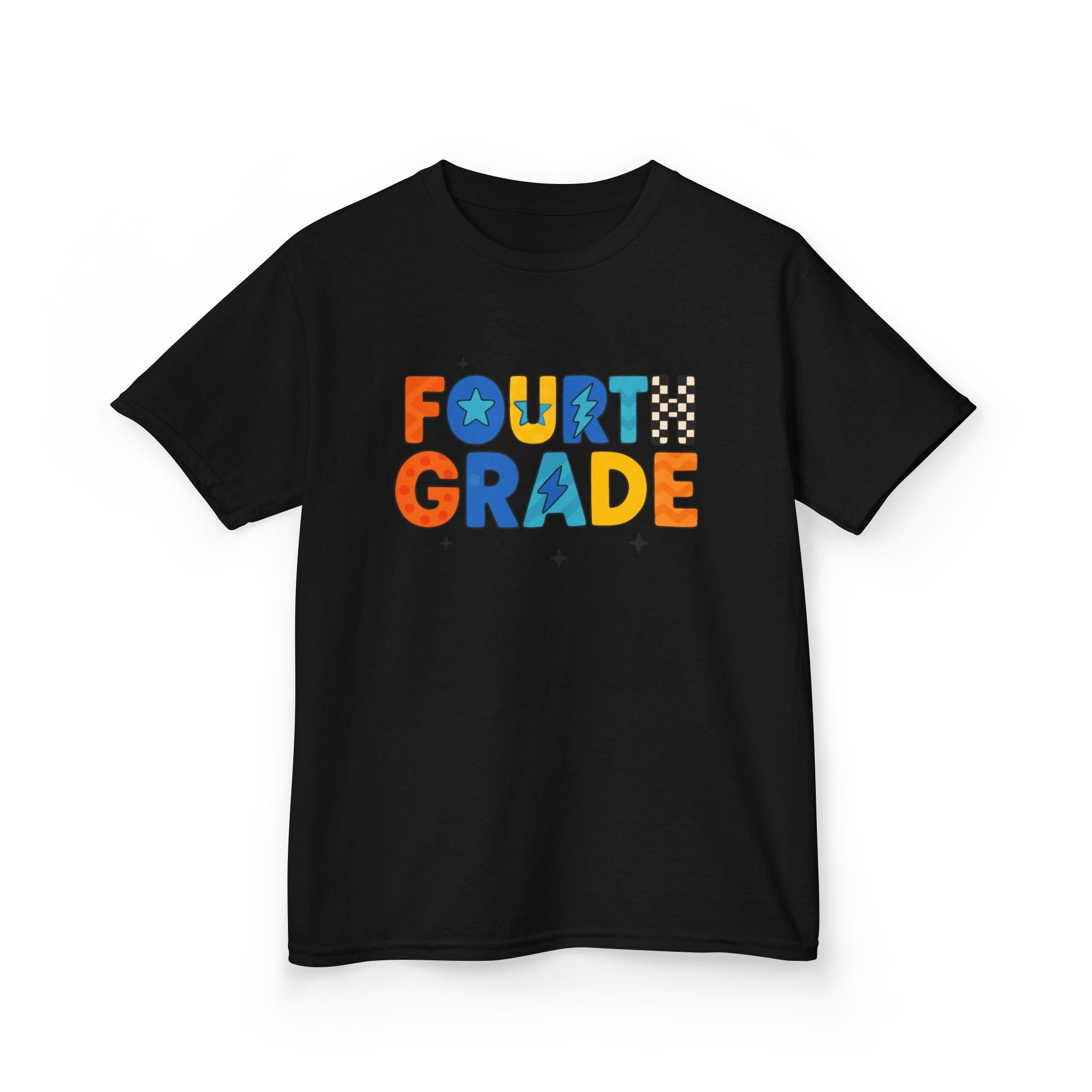 A black short-sleeve crewneck t-shirt featuring a colorful graphic on the chest that reads 'FOURTH GRADE' in a playful multicolor patterned font, displayed against a solid white background.