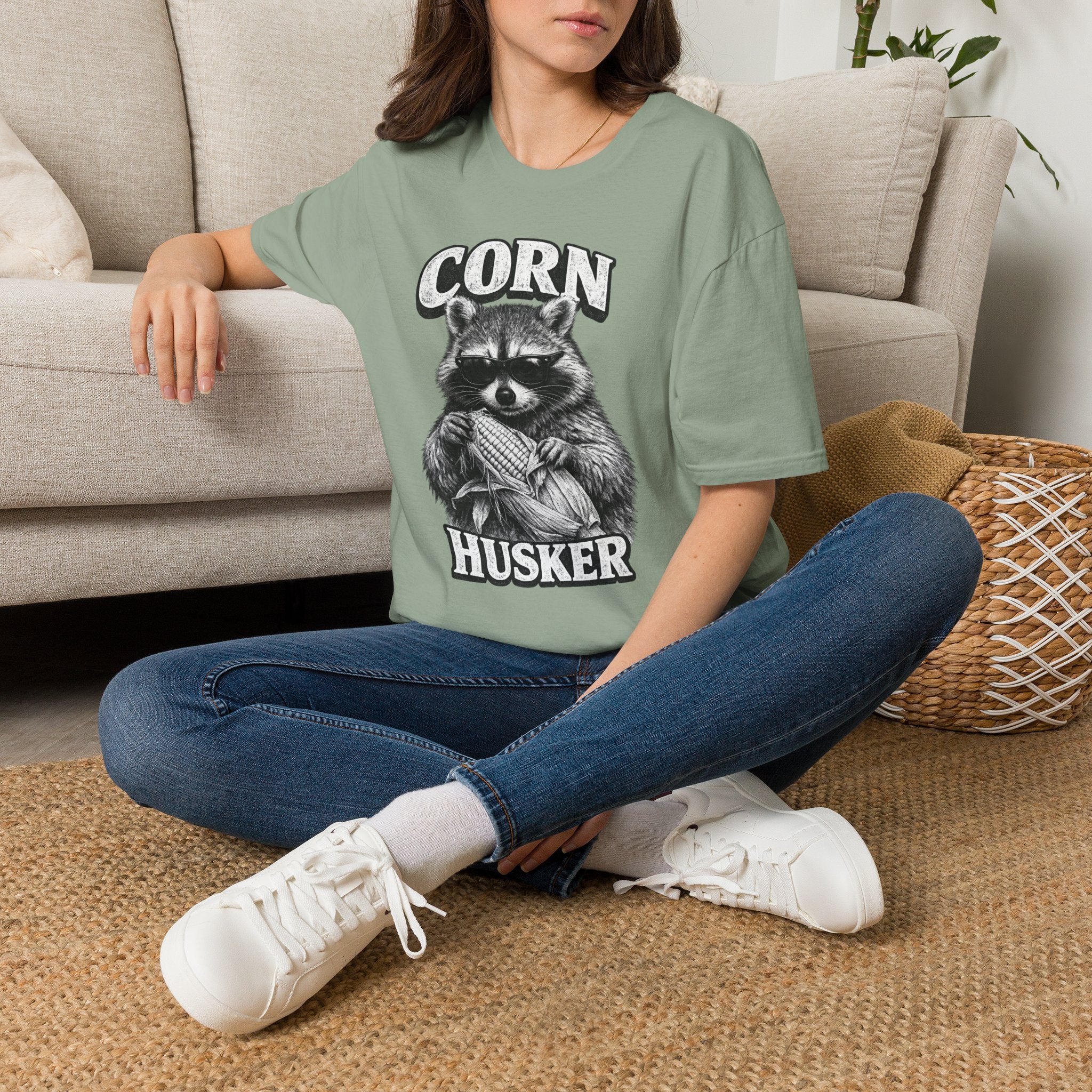 Corn Husker Raccoon T-Shirt | Vintage Mascot Graphic