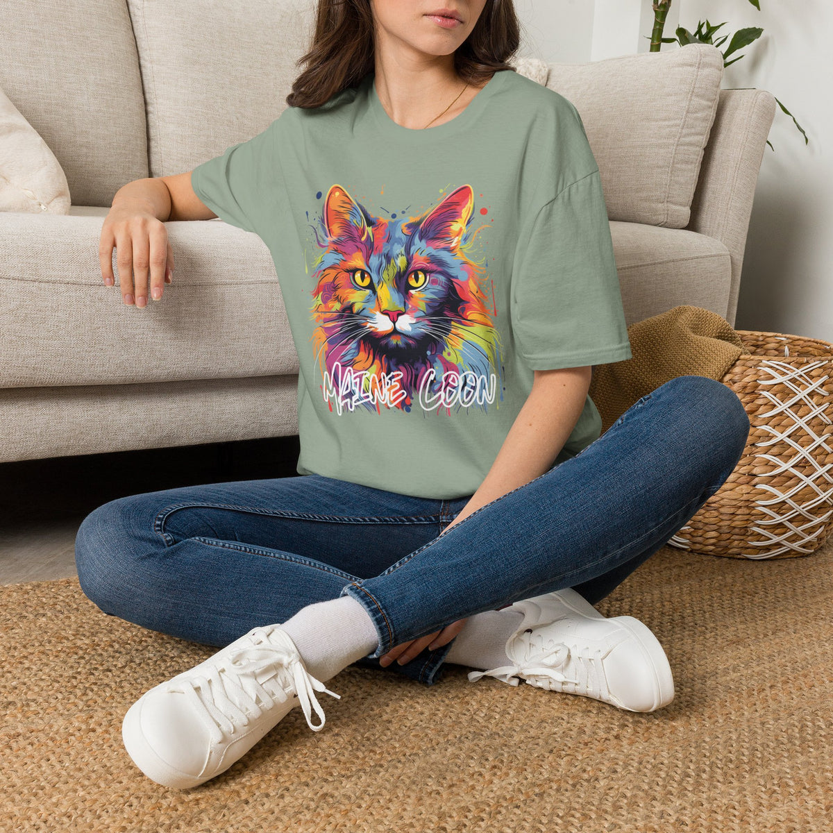 Colorful Cat Graphic T-Shirt — "Maine Coon" Vibrant Watercolor Tee