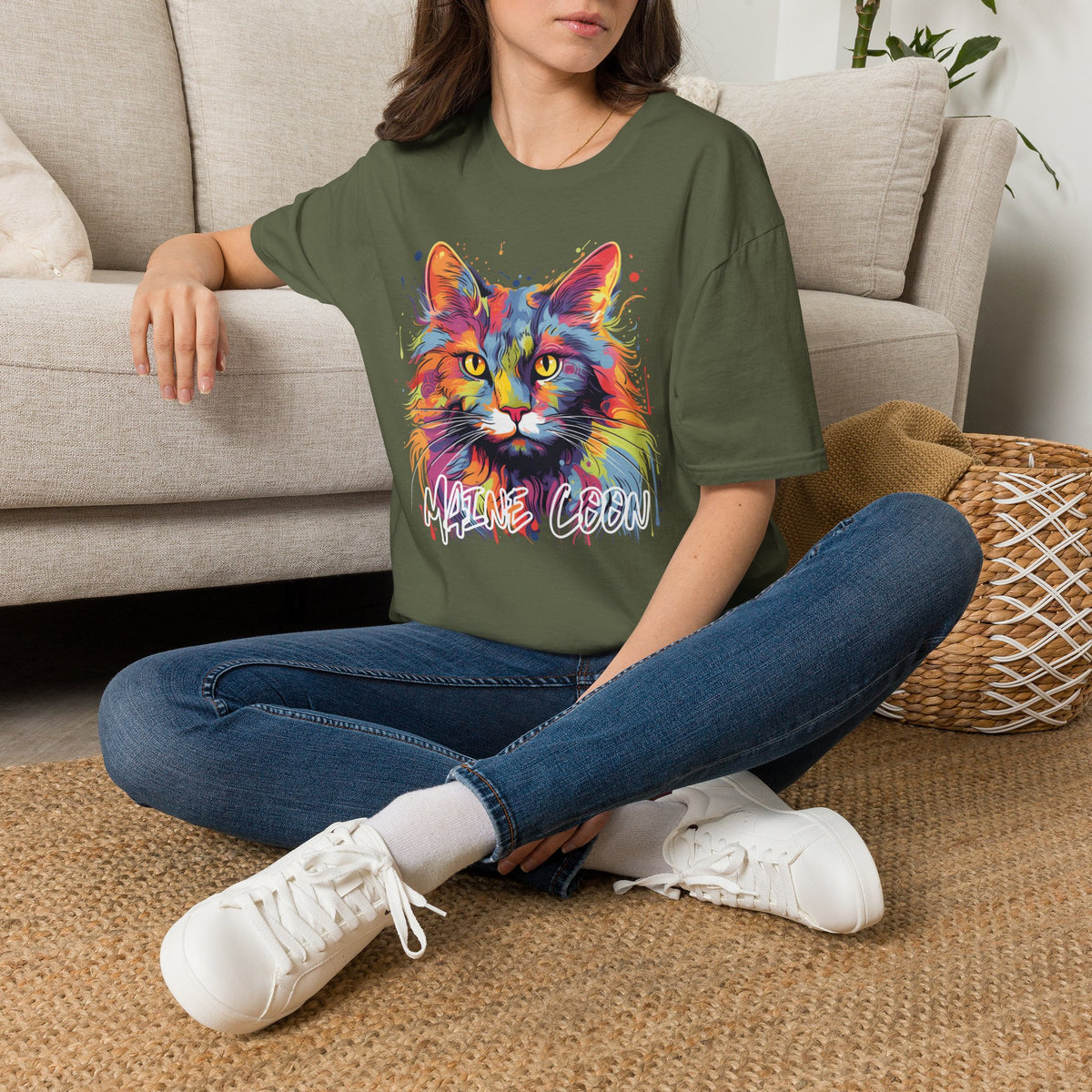 Colorful Cat Graphic T-Shirt — "Maine Coon" Vibrant Watercolor Tee