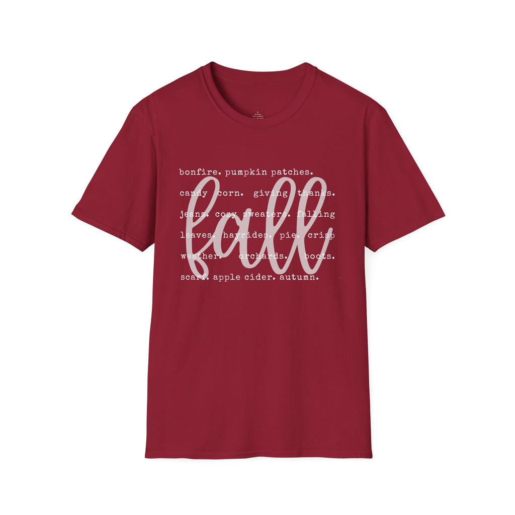 Fall Graphic T‑Shirt – Orange "fall" Script with Autumn Word Cloud