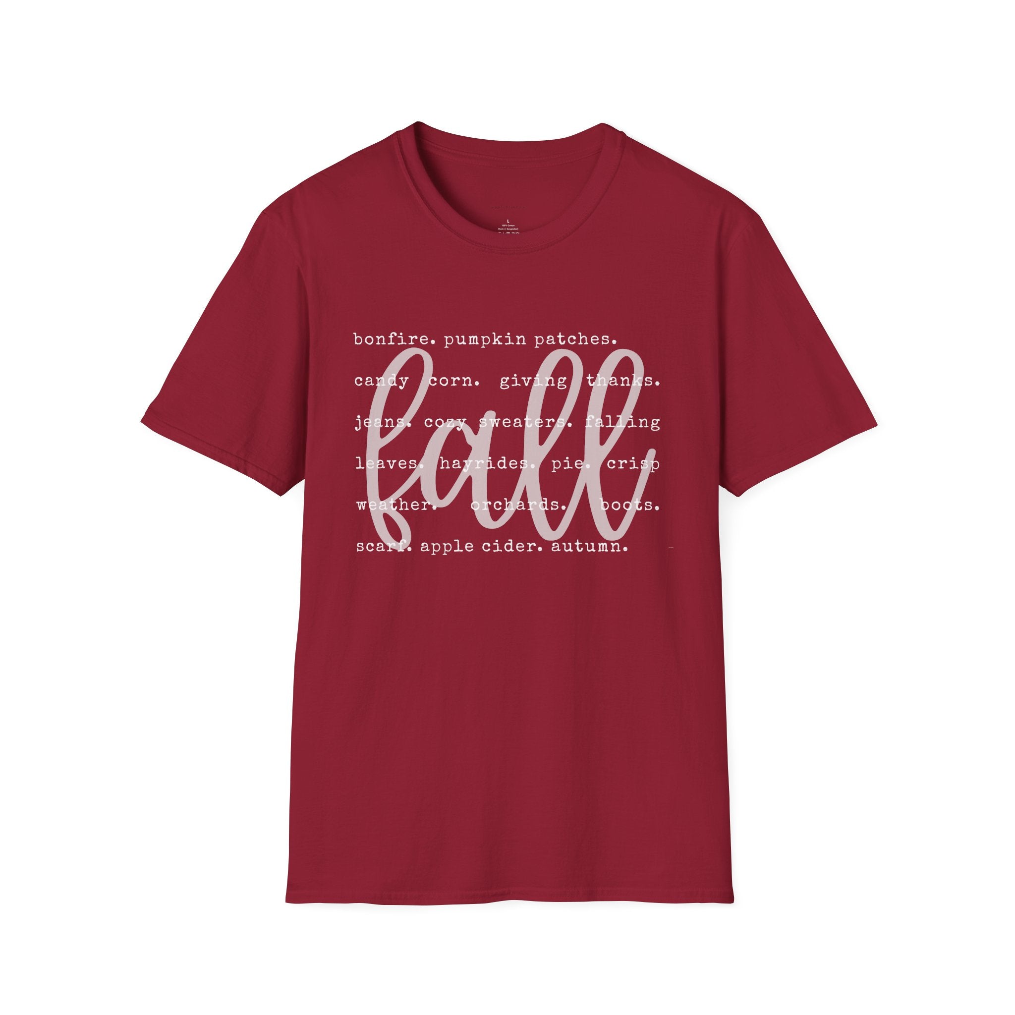 Fall Graphic T‑Shirt – Orange "fall" Script with Autumn Word Cloud