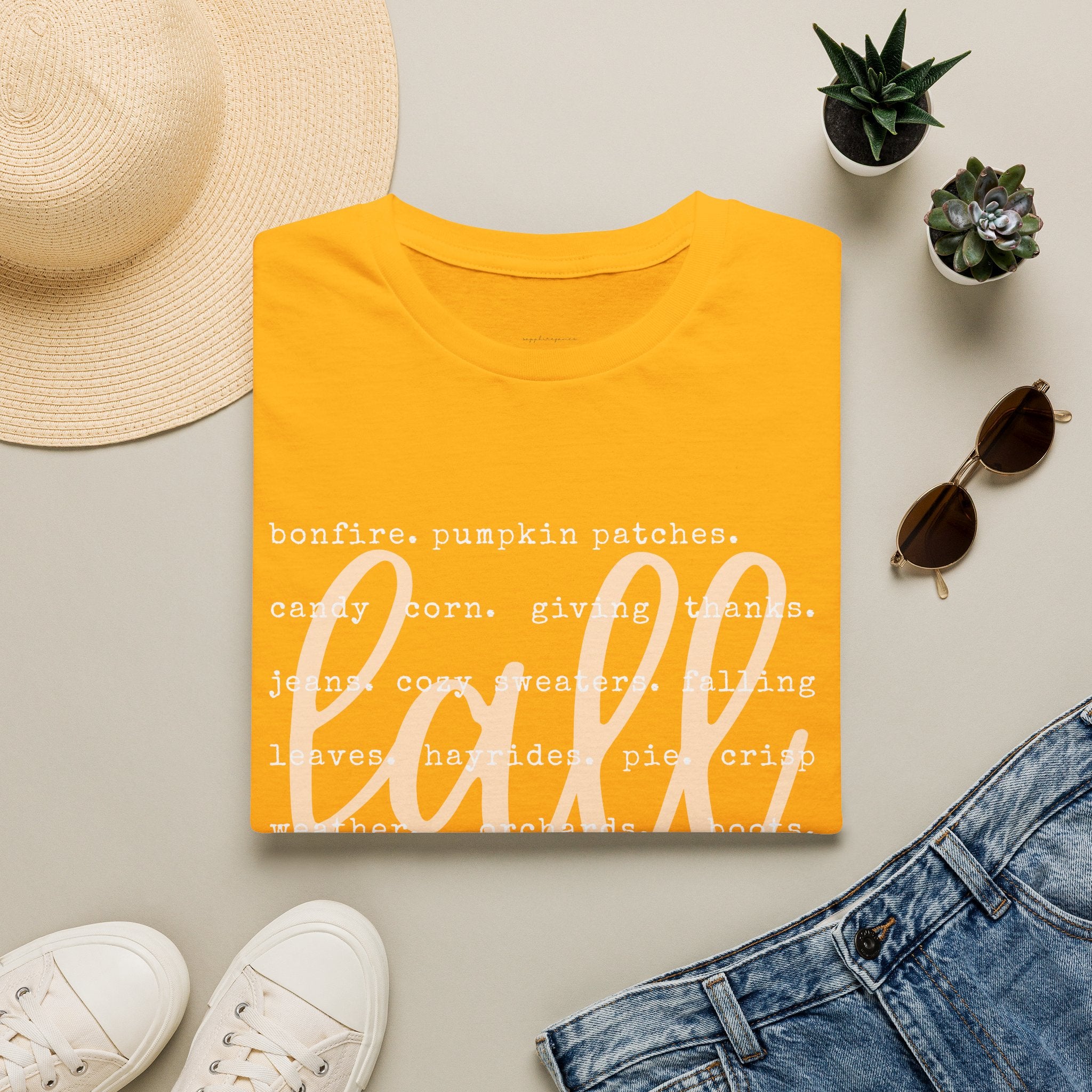 Fall Graphic T‑Shirt – Orange "fall" Script with Autumn Word Cloud
