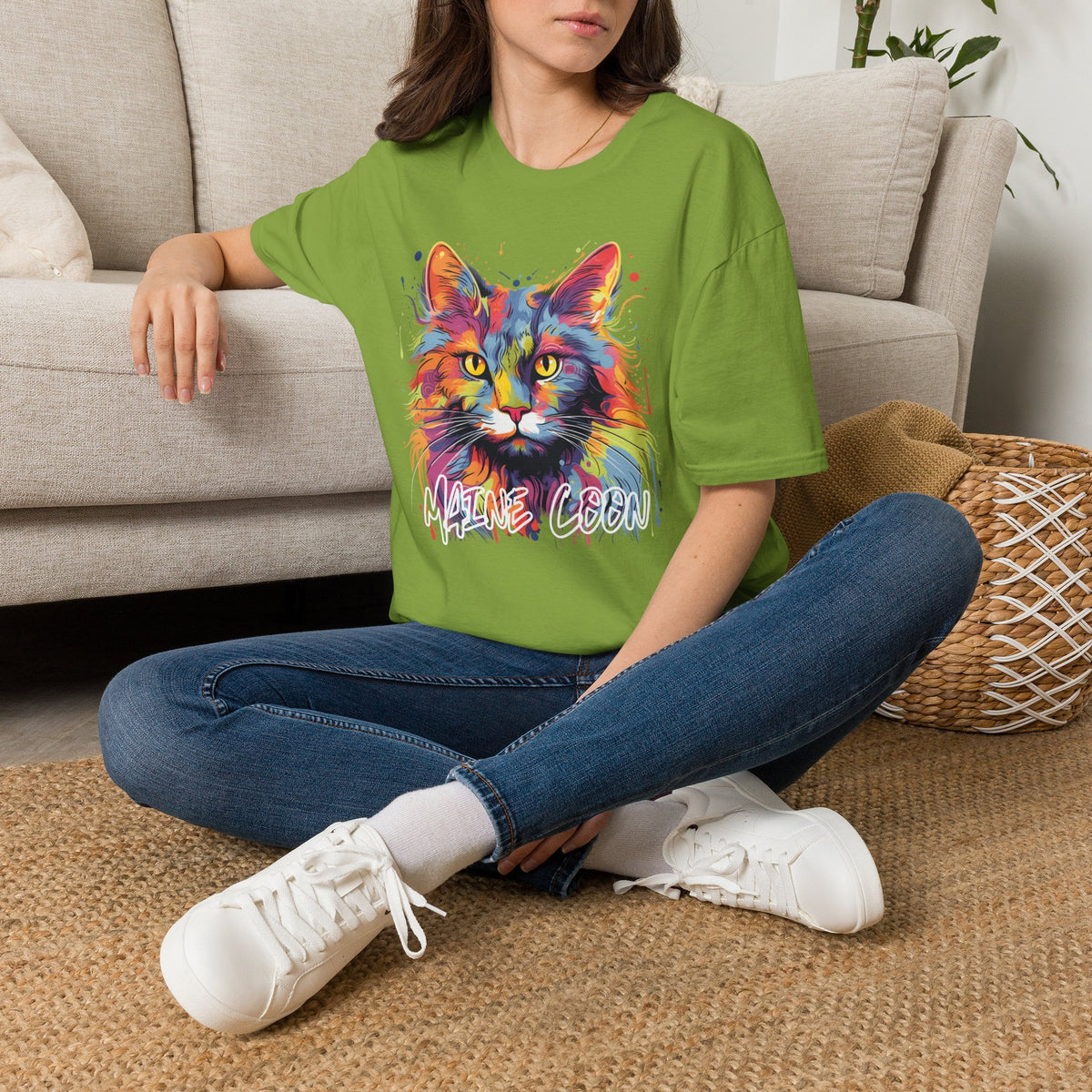 Colorful Cat Graphic T-Shirt — "Maine Coon" Vibrant Watercolor Tee