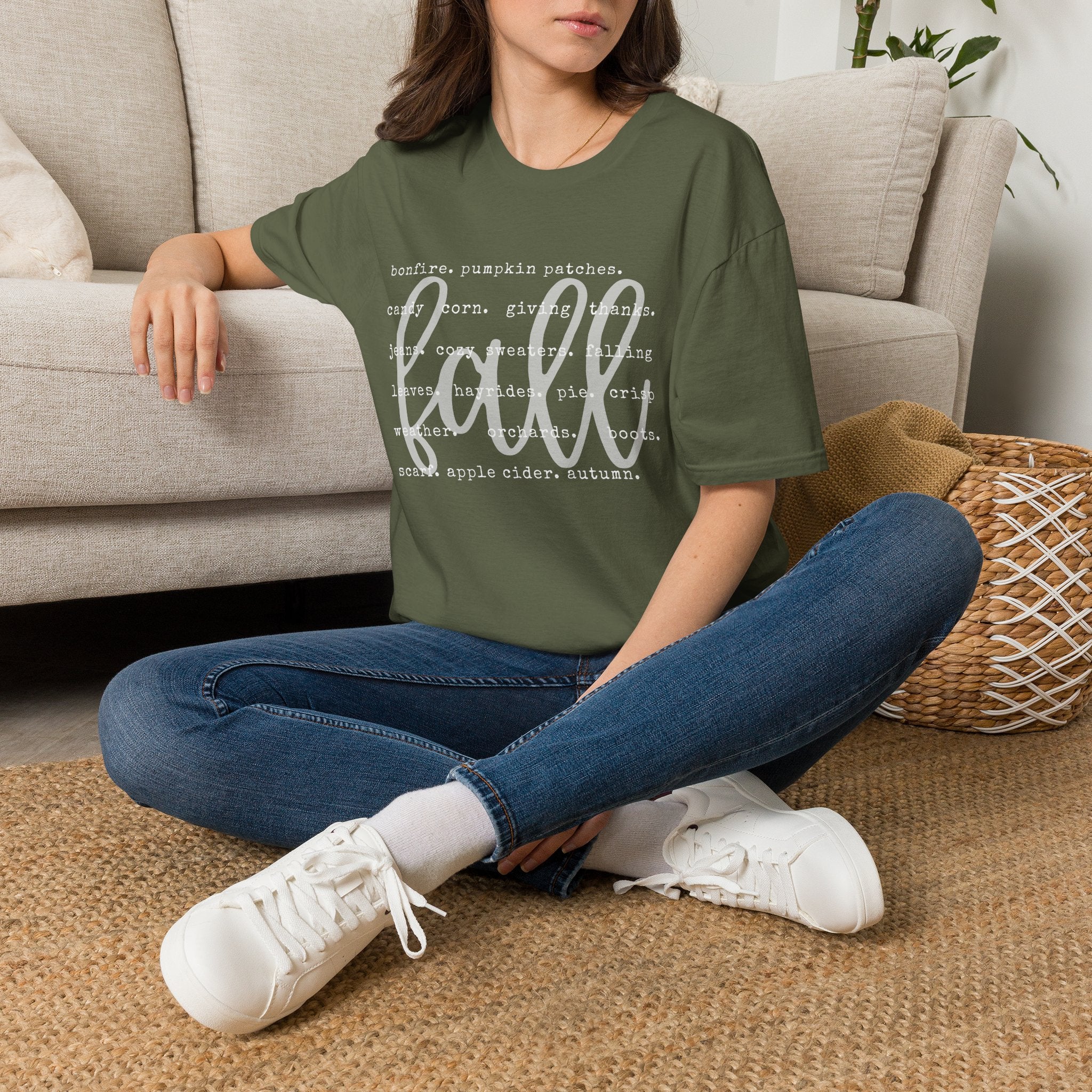 Fall Graphic T‑Shirt – Orange "fall" Script with Autumn Word Cloud