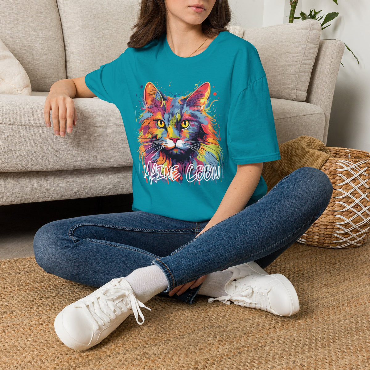 Colorful Cat Graphic T-Shirt — "Maine Coon" Vibrant Watercolor Tee