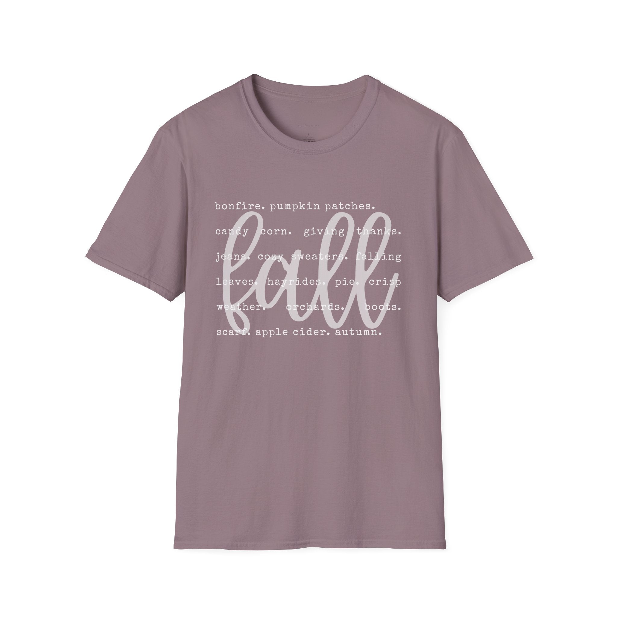 Fall Graphic T‑Shirt – Orange "fall" Script with Autumn Word Cloud